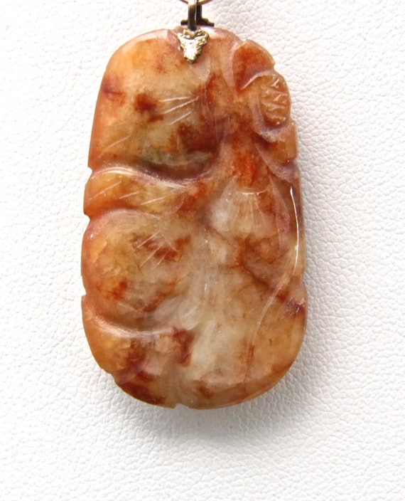 Vintage Carved Brown Jade Pendant Necklace 10k Go… - image 2