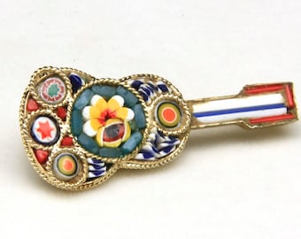 Vintage Italian Glass Micro Mosaic and Alloy Guitar Pin Brooch