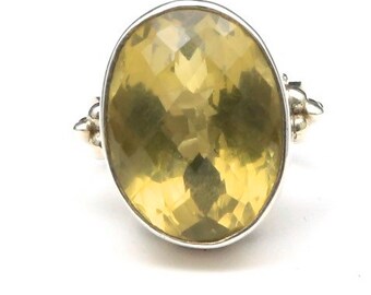 Vintage Faceted Yellow Quartz Sterling Silver Cocktail Ring Large Stone Sz 8.25