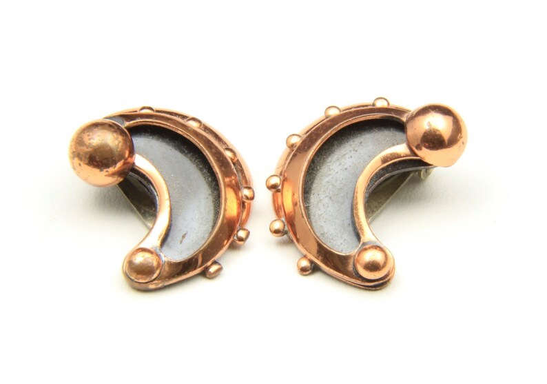 Vintage Copper Renoir Clip On Earrings Modernist 60s Half Moon Shadowbox Retro image 1