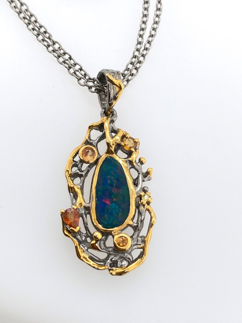 Artisan Freeform Fiery Doublet Opal Sapphire Sterling Silver Pendant Necklace 18 Chain image 2