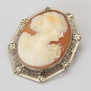 Vintage 14k White Gold Carved Shell Cameo Filigree Brooch Pin or Pendant image 1