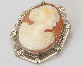 Vintage 14k White Gold Carved Shell Cameo Filigree Brooch Pin or Pendant