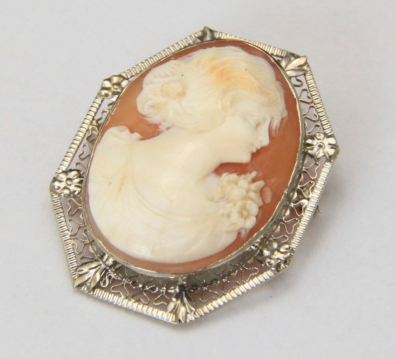 Vintage 14k White Gold Carved Shell Cameo Filigree Brooch Pin or Pendant image 1