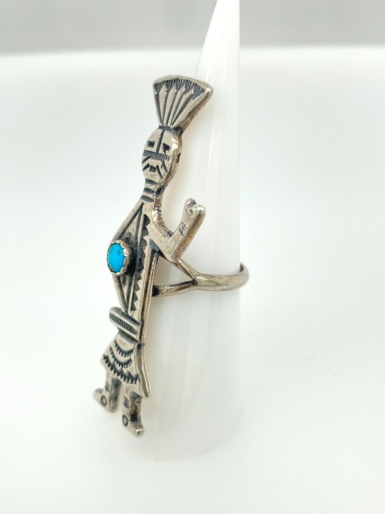 Vintage Large Navajo Kachina Sterling Silver Turquoise Ring Sz 7.5 Native American image 2