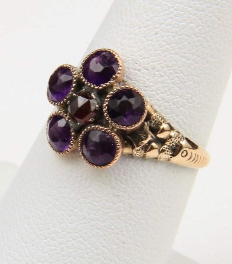 Vintage Amethyst & Ruby 10k Gold Ring Old 1910s Floral Flower Gemstone Sz 7.5 image 2