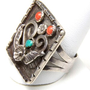 Vintage Unique Large Sterling Silver Square Platform Turquoise Coral Ring Sz 13 image 3