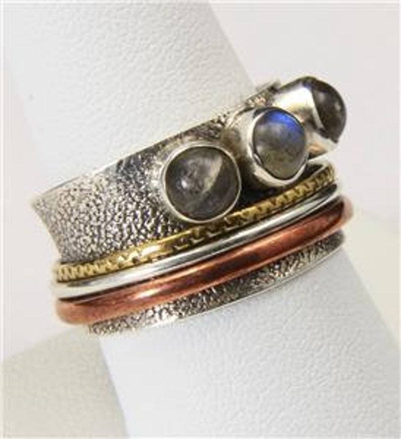 Vintage Artisan Spinner Ring Labradorite Textured Silver Copper Brass Size 9 image 3