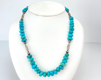 Vintage Navajo Turquesa Nugget Silver Necklace Southwestern Artisan 20"