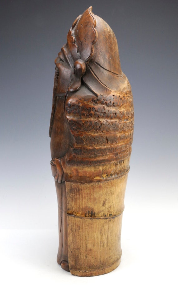 ヴィンテージ 手彫り 竹製 木製 中国人物彫刻 彫刻像 18.5インチ