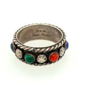 Vintage Artisan Edgar Platero Navajo Multi Stone Sterling Silver Band Ring Sz 8 Signed image 5