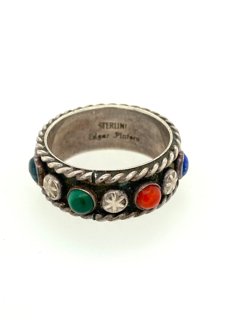 Vintage Artisan Edgar Platero Navajo Multi Stone Sterling Silver Band Ring Sz 8 Signed image 5