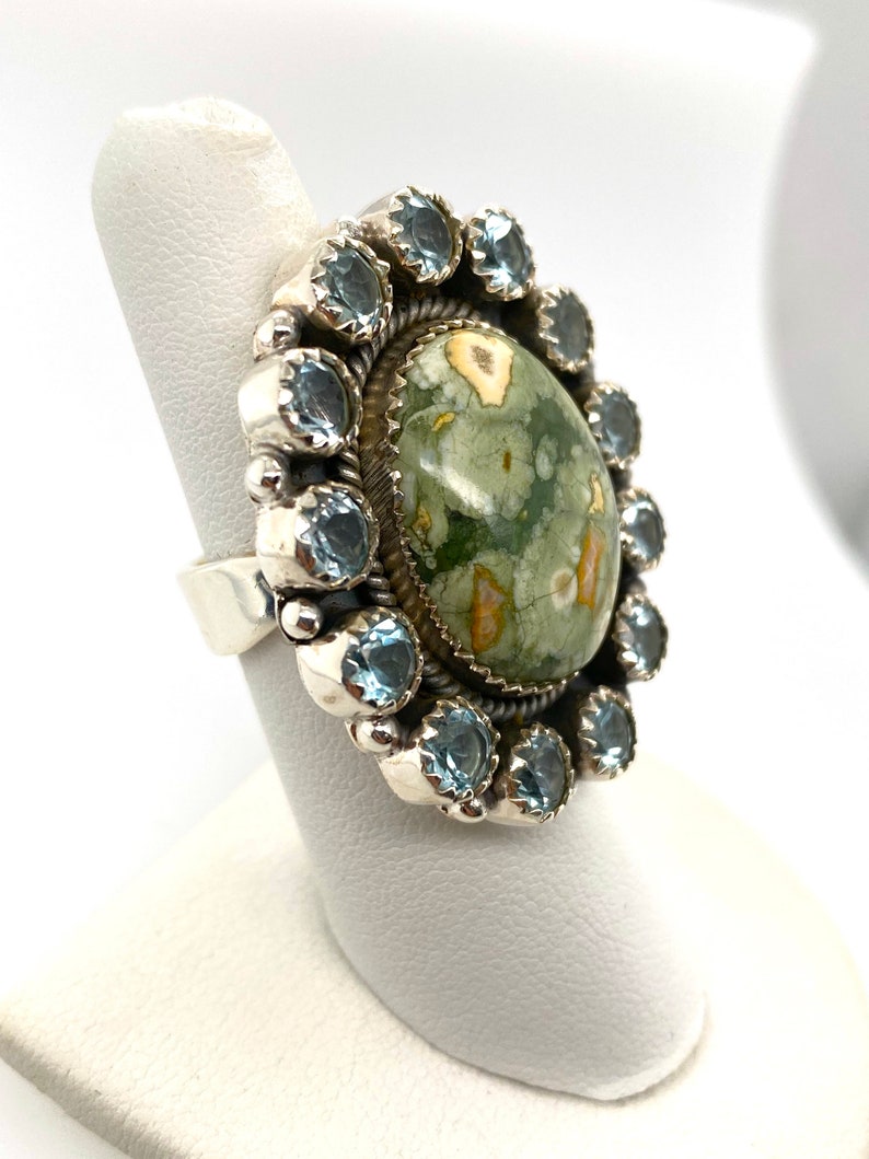 Artisan Green Ocean Jasper Aquamarine & Sterling Silver Ring Sz 7.75 Adjustable image 4