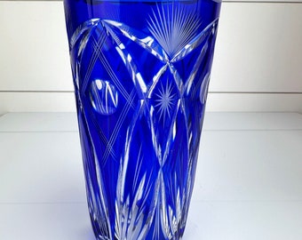 Vintage Schnitt zu klarem Kobalt Blau Boho Kristall Glas Vase Fingerabdruck Weizen Stern