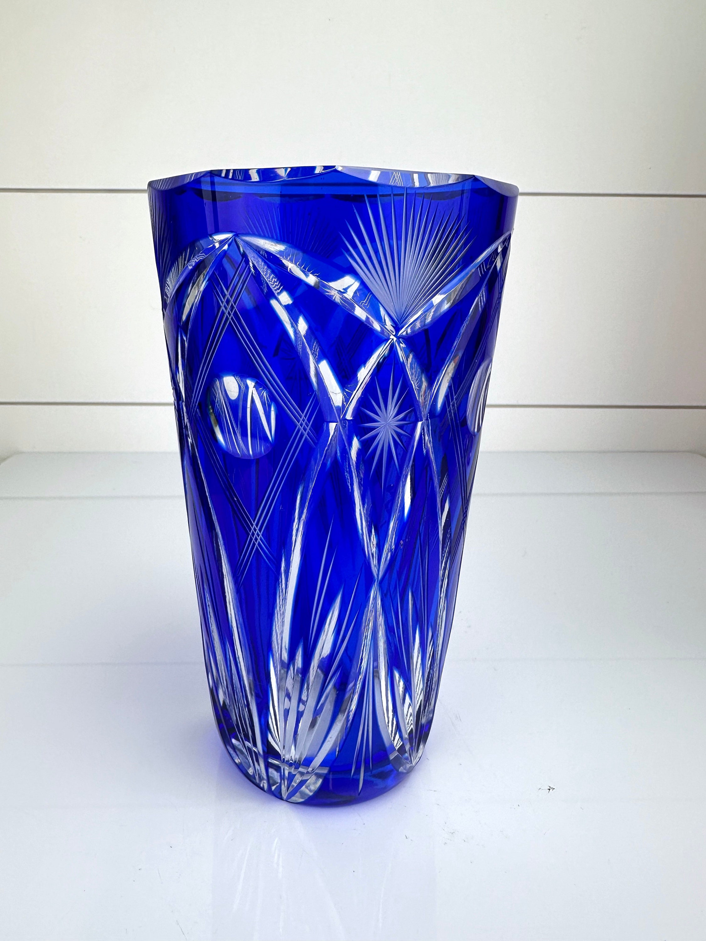 Vintage Cut to Clear Cobalt Blue Bohemian Crystal Glass Vase