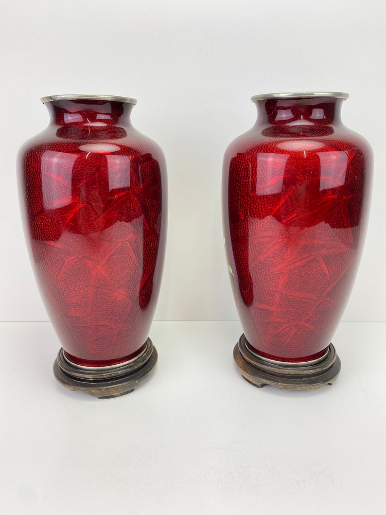 Vintage Pair Japanese Red Pigeon Blood Cloisonne Enamel Vase Rose Bamboo Bird image 3