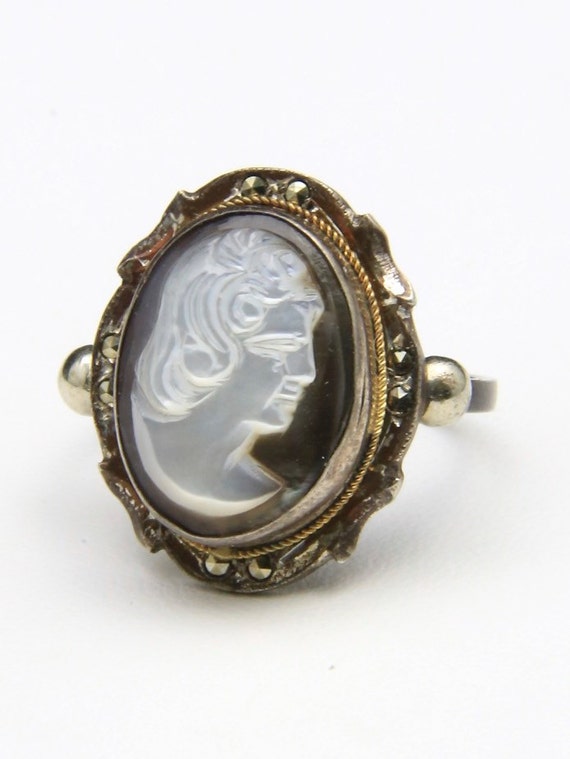 Vintage Silver & Marcasite Cameo Ring Sz 8 Face Wo