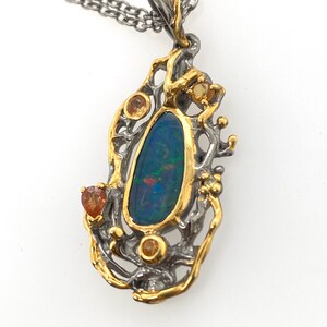 Artisan Freeform Fiery Doublet Opal Sapphire Sterling Silver Pendant Necklace 18 Chain image 4