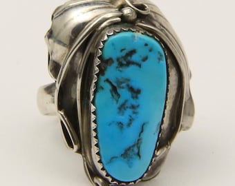 Vintage Sterling Silver & Large Turquoise Stone Artisan Ring Southwestern