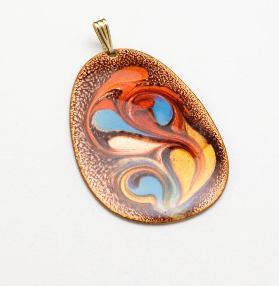 Vintage Artisan Large Copper Enameled Pendant 70s 