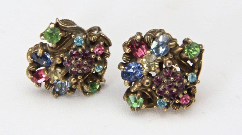 Vintage Holly Craft Multi-Color Rhinestone Screw-Back Earrings Retro Bombshell