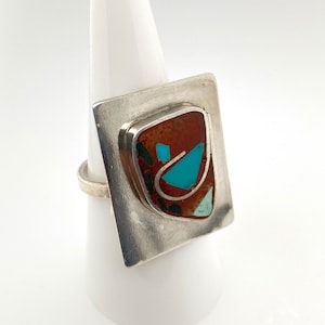 Vintage Modern Abstract Turquoise Red Stone Mosaic Inlay Sterling Silver Ring Sz 9.25