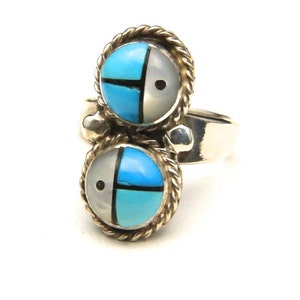 Vintage Acoma Sun Face God Ring Mother of Pearl Turquoise Inlay Ring Sz 5 Signed