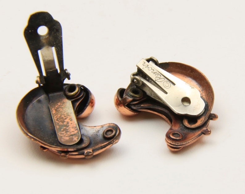 Vintage Copper Renoir Clip On Earrings Modernist 60s Half Moon Shadowbox Retro image 4