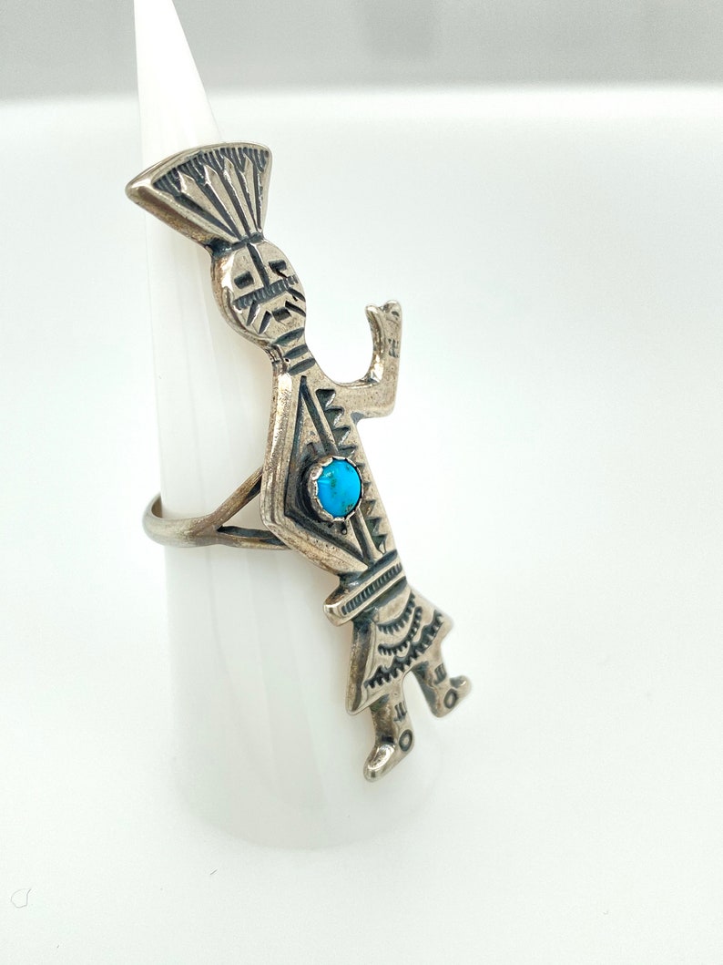 Vintage Large Navajo Kachina Sterling Silver Turquoise Ring Sz 7.5 Native American image 3