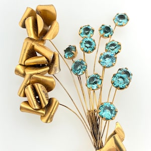Vintage Sterling Silver Gold Wash Aqua Rhinestone Flower Bouquet Pin Brooch Retro
