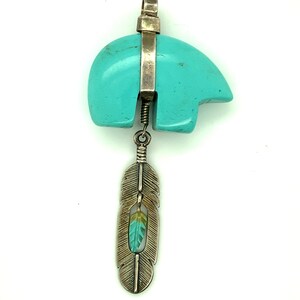 Sundancer Jewelry Co Turquoise Silver Fetish Bear Feather Pendant Necklace SJC Signed image 2