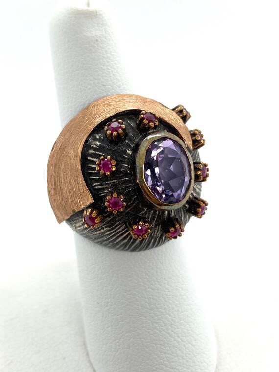 Artisan Abstract Amethyst Ruby & Oxidized Sterlin… - image 2