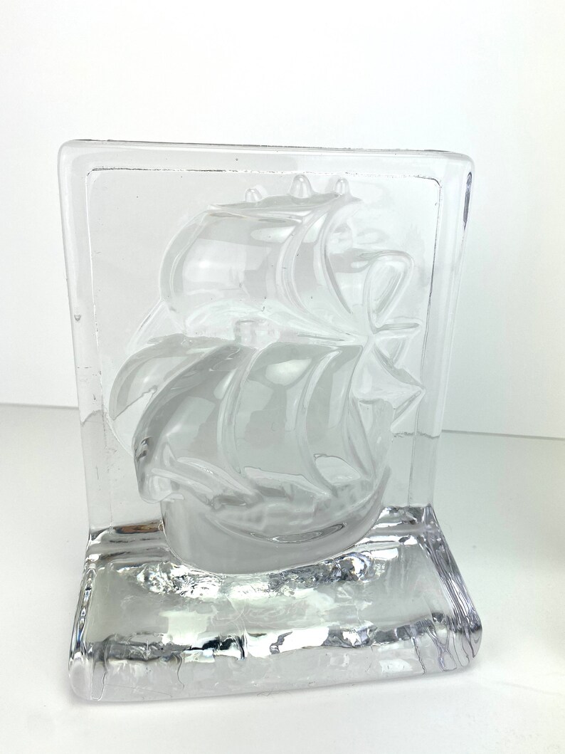 Vintage Heavy Clear Art Glass Ships Nautical Bookends Mid Century Modern image 2