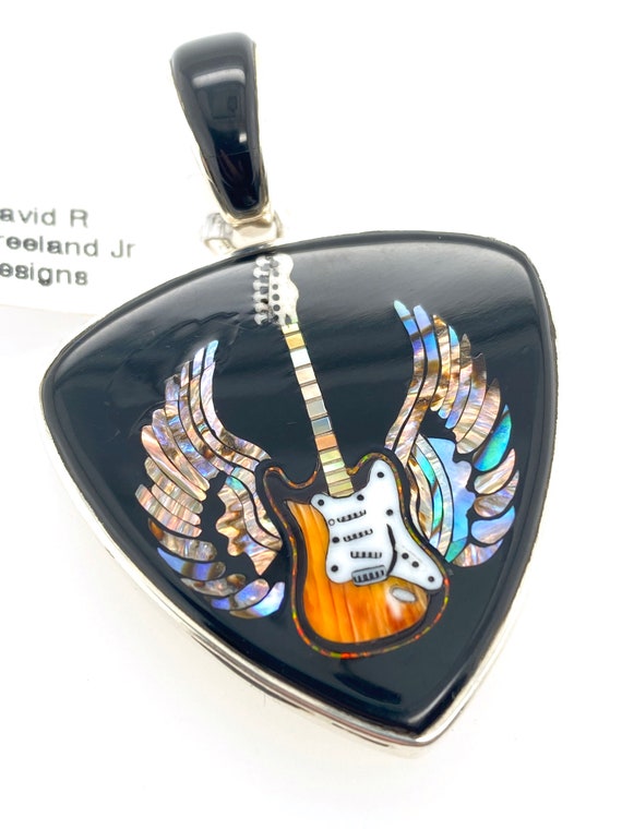 Rare Inlaid Gemstone Winged Guitar Pendant by David Freeland Rare Inlaid Gemstone Winged Guitar Pendant by David Freeland