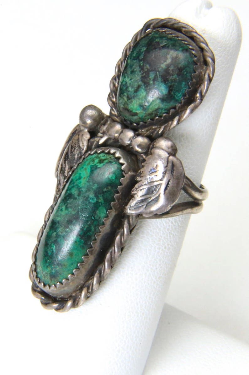 Vintage Long Sterling SIlver & Double Malachite Stone Ring Size 7 Southwestern image 3