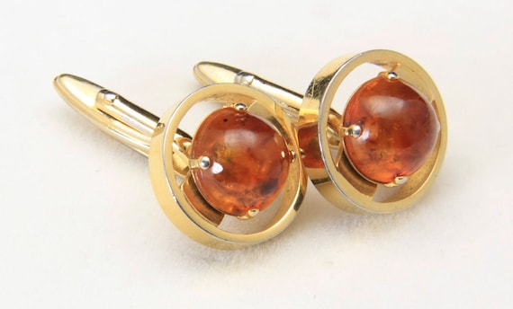 Vintage Gold Tone and Genuine Amber Cabochon Circ… - image 2