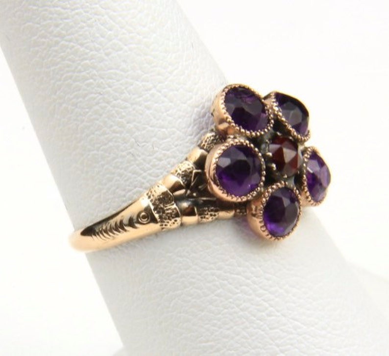 Vintage Amethyst & Ruby 10k Gold Ring Old 1910s Floral Flower Gemstone Sz 7.5 image 3