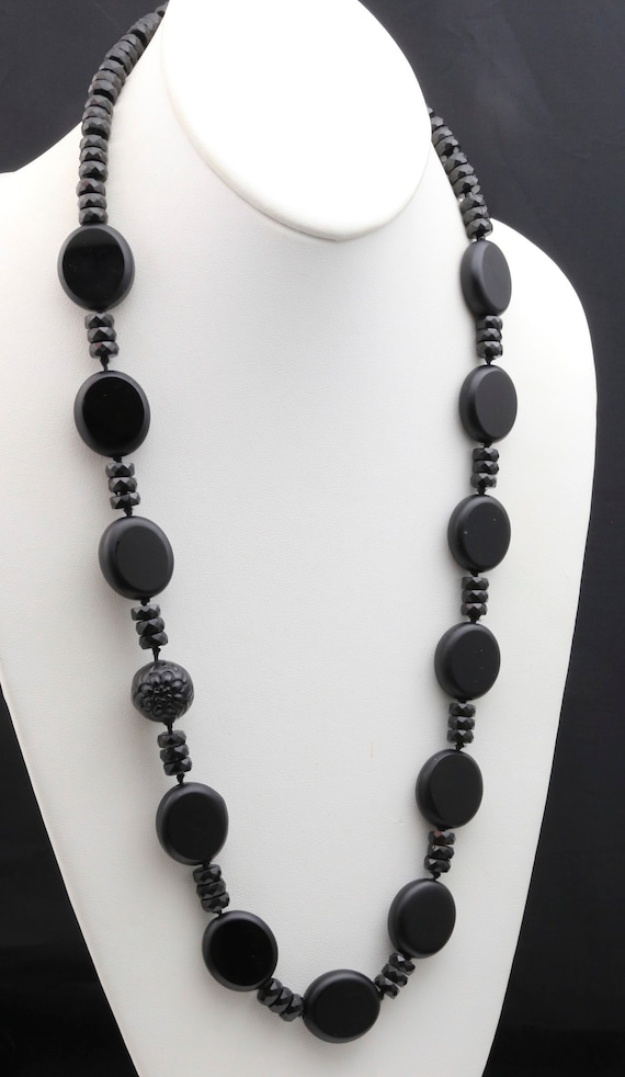 Beautiful Long Black Glass Beaded Necklace Flat Fa