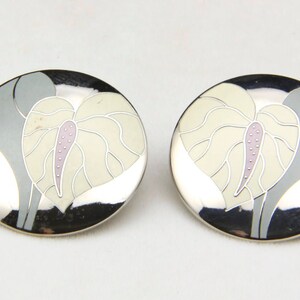 Vintage Laurel Burch Silver Tone White & Purple Enamel Antherium Post Earrings