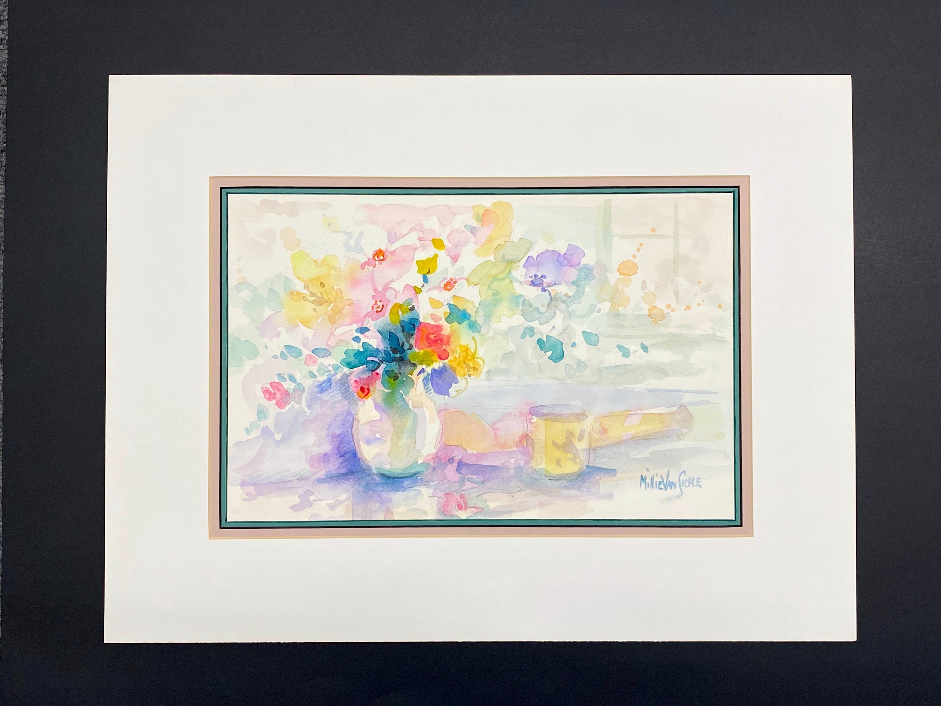 オリジナル ミリー ヴァン シックル 静物画 花 水彩画 サイン入り