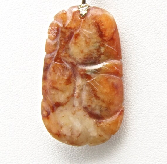 Vintage Carved Brown Jade Pendant Necklace 10k Go… - image 5