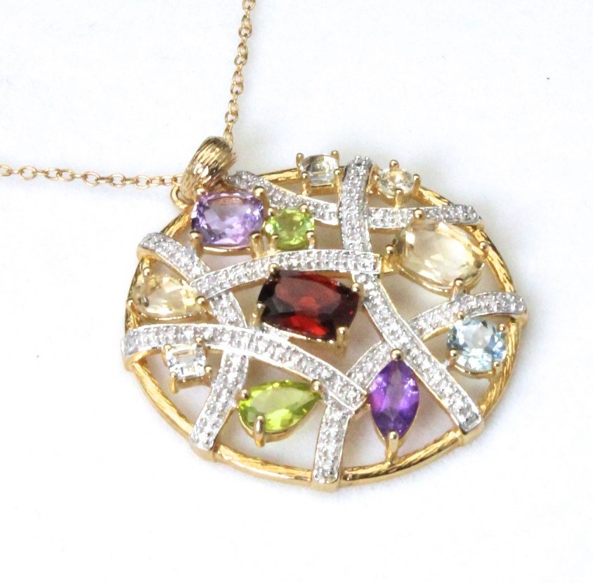 Vintage Multi Gemstone Round Pendant Necklace Sterling Silver Etsy Canada