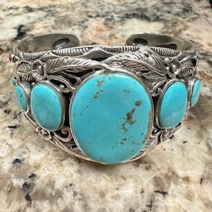 Vintage Navajo 5 Stone Turquoise Cuff Bracelet Coral Sterling Silver Flower Leaf