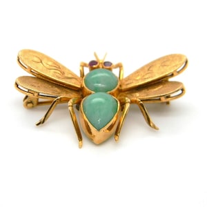 Vintage 14k Yellow Gold Jade Ruby Fly Insect Bee Pin Brooch Statement Hallmarked image 6