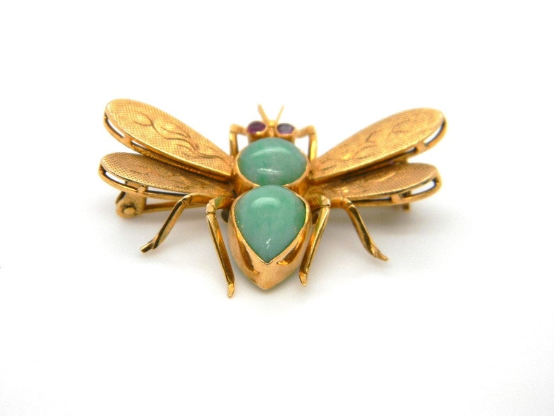 Vintage 14k Yellow Gold Jade Ruby Fly Insect Bee Pin Brooch Statement Hallmarked image 6