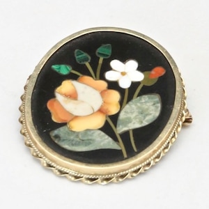 Antique Victorian 14K Pietra Dura Inlay Brooch Pin Yellow Rose Flower Italy