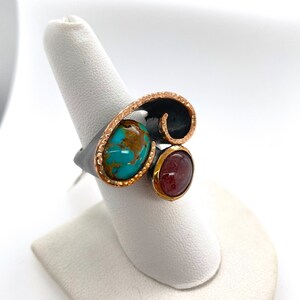 Artisan Modernist Blue Turquoise & Tourmaline Sterling Silver Swirl Ring Sz 7.5 image 3