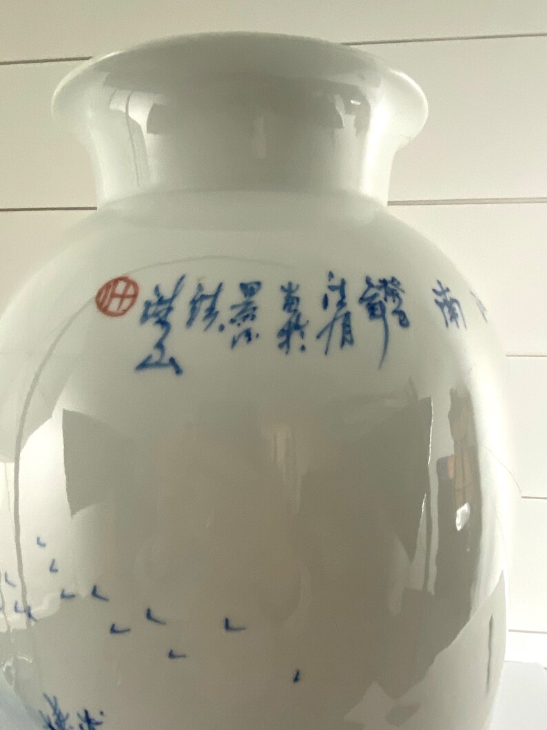 Vintage Huge Japanese Art Pottery Arita Asian Blue White Porcelain Vase Signed image 6