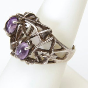 Vintage Artisan Modernist Amethyst Brutalist Sterling Silver Ring Sz 6.75 Modern