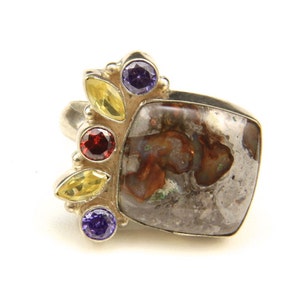 Vintage Large Multi Stone Gemstone Ring Agate Citrine Amethyst Garnet Sz 7